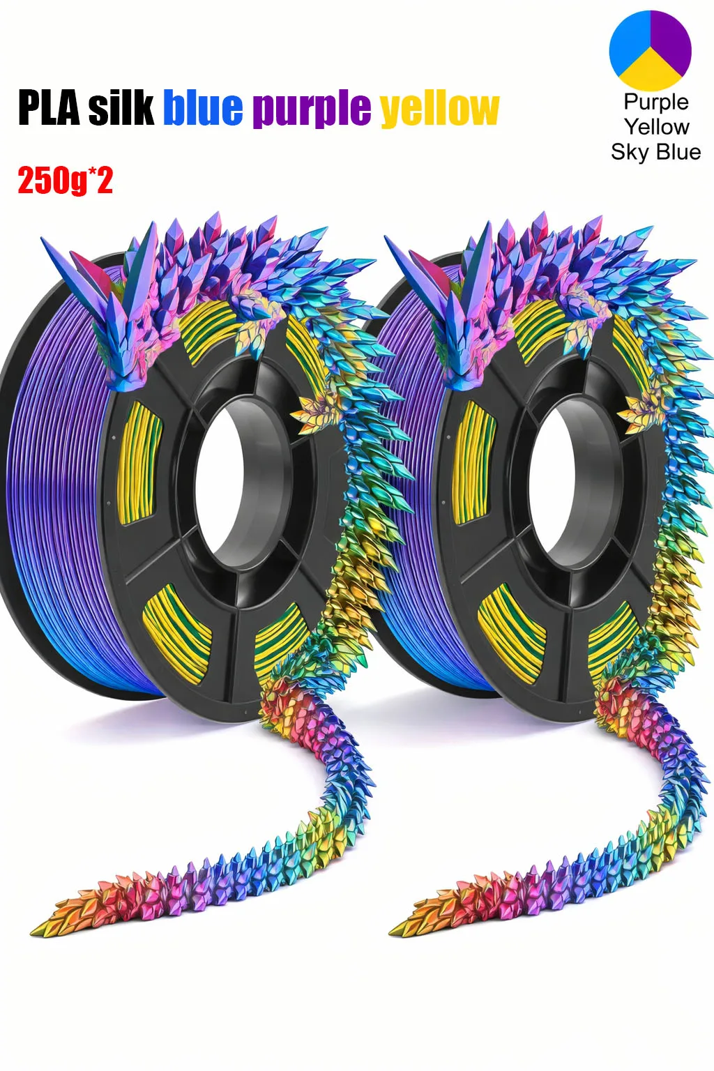 

Triple Color Silk blue purple yellow PLA Filament 1.75mm, 3D Printing Filament,500g,3D Printer Filament