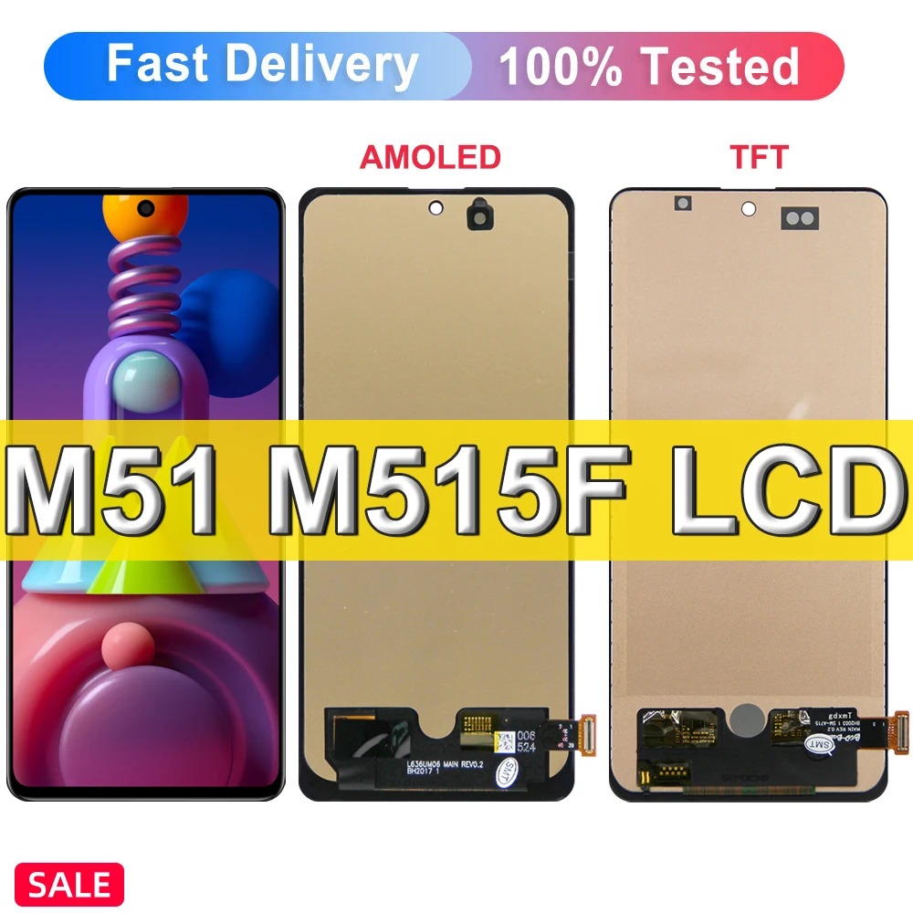 AMOLED TFT M51 Display Screen with Frame, for Samsung Galaxy M51 M515 M515F Lcd Display Touch Screen Assembly Replacement