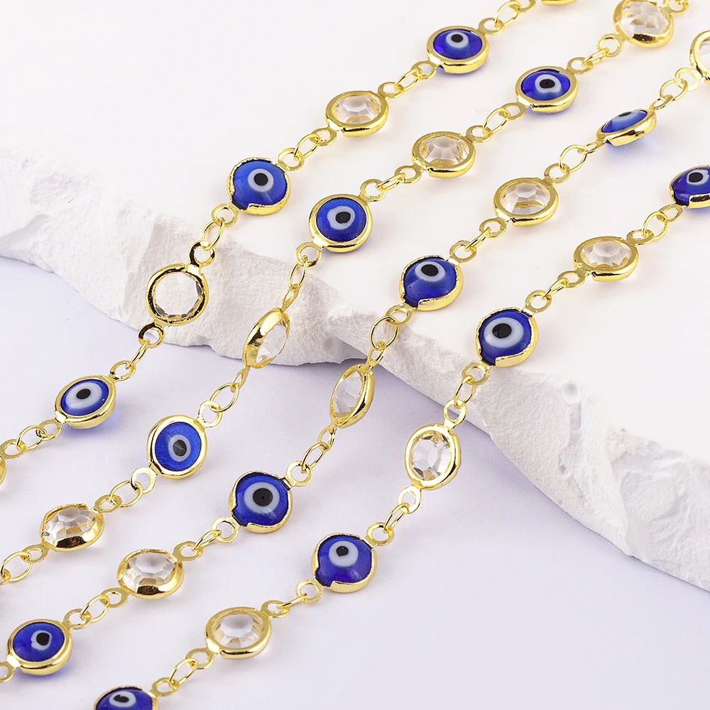 

1Meter Blue Evil Eye Spacing Rhinestone Beads Link Chain DIY Accessories Copper Chains for Jewelry Making Supplies