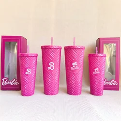 Kawaii Barbie Pink Girls Diamond Cup Set Cute Checkered Straw Direct Drinking Cup Single Layer Women Durian Cup Birthday Gifts