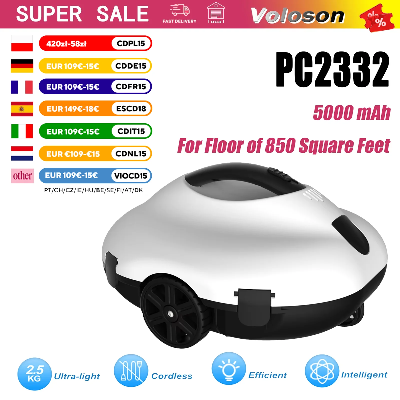 Robot Limpiador de Piscinas Inalámbrico PC2332, Limpieza Automática Inteligente, Batería de 5000 mAh, 120-130 Minutos de Autonomía, Alta Succión, Motor con Cepillo, Autolimpiable