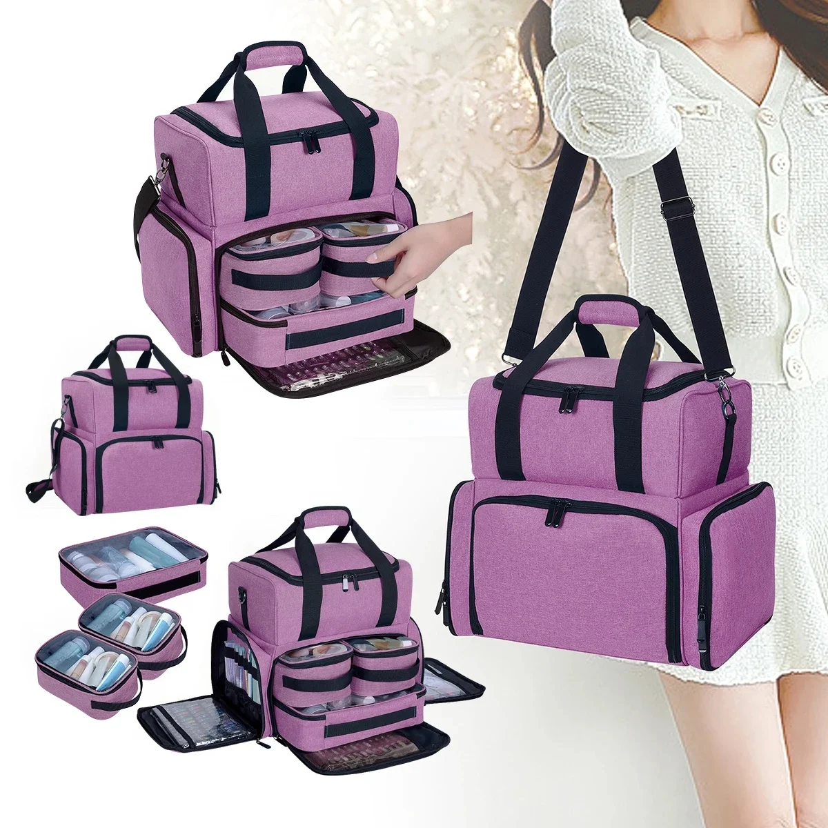 NONE UOZL Trousse de maquillage double couche de grande capacité avec 3 pochettes amovibles et 2 compartiments amovibles avec bandoulière réglable 3