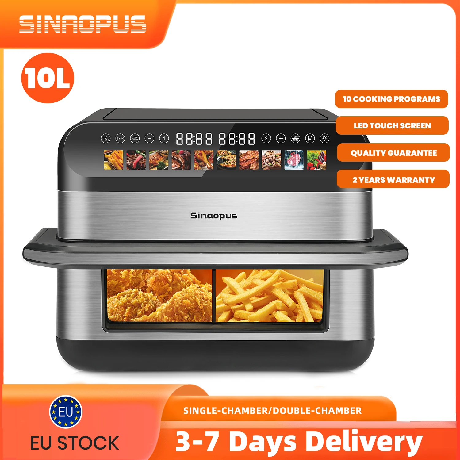 Heißluftfritteusen, 10 l, Doppelkorb-Ofen, ölfreier Herd mit LED-Touch-Steuerung, sichtbares Fenster, intelligente Familien-Luftfritteusenmaschinengröße