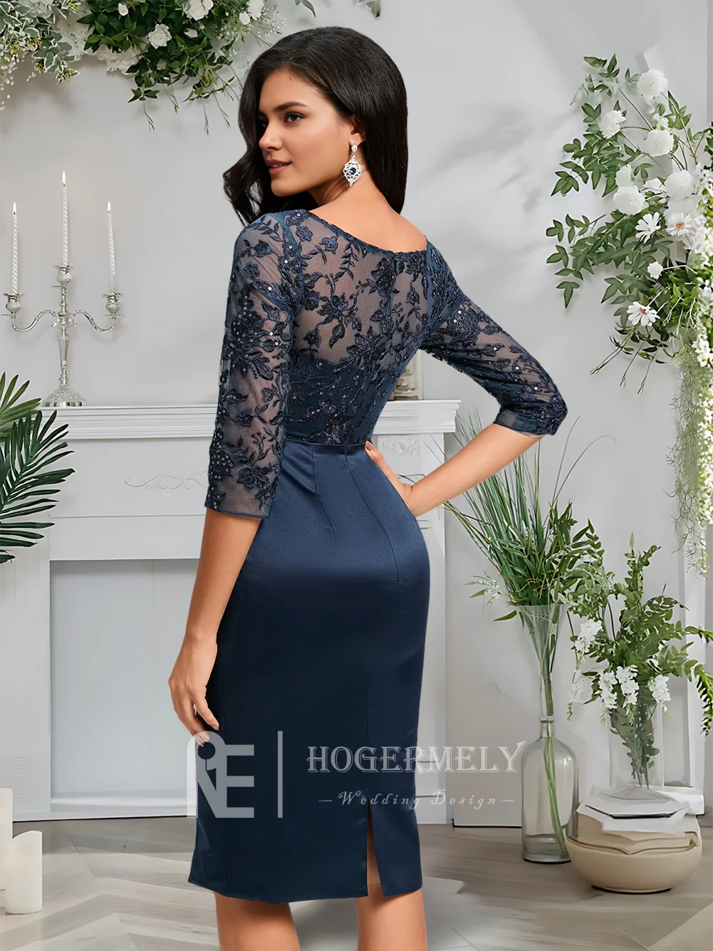 Um azul marinho escuro vestidos de cocktail para mulheres bainha coluna colher cetim renda vestido de baile na altura do joelho meia manga festa convidado vestido ​