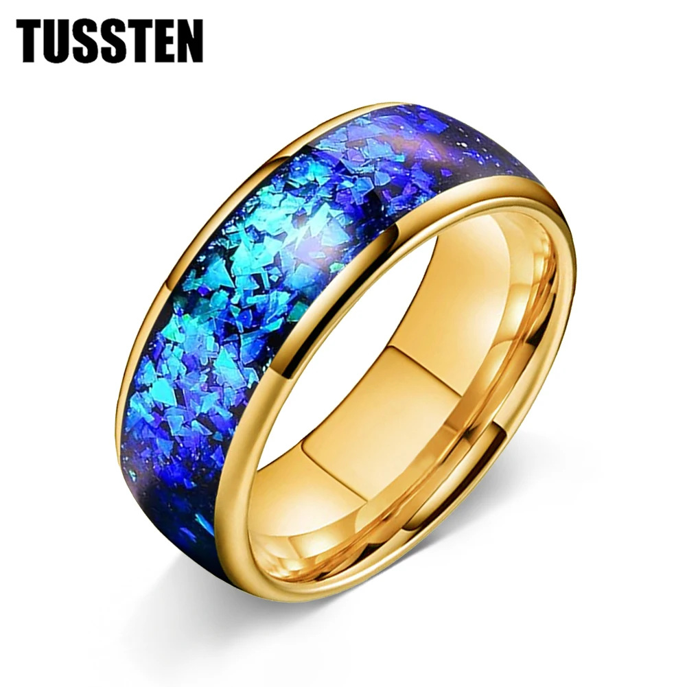 TUSSTEN 남성용 및 여성용 4/6/8mm 텅스텐 카바이드 결혼 반지 빛나는 파란색 조각 약혼 밴드 돔형 광택 반짝임