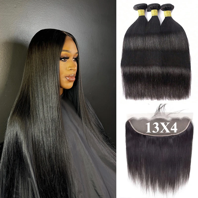 

Прямые пучки человеческих волос с застежкой 13x4, прозрачное кружево, цвет 1B, мокрые и волнистые наращивание человеческих волос для женщин