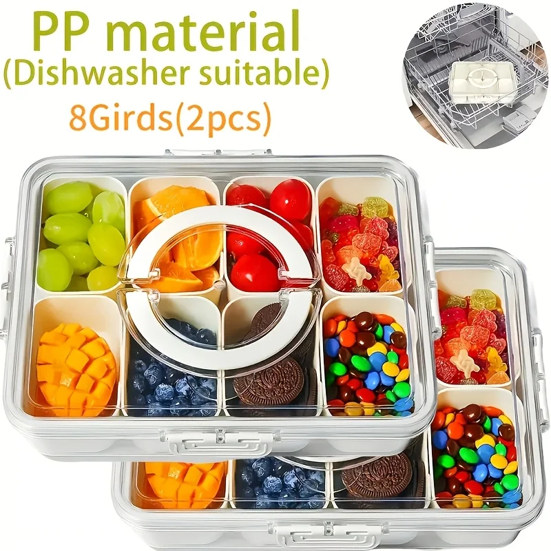 1pc Handheld split format snack tray, four sided snap on PP transparent material with lid sealed storage box view 4