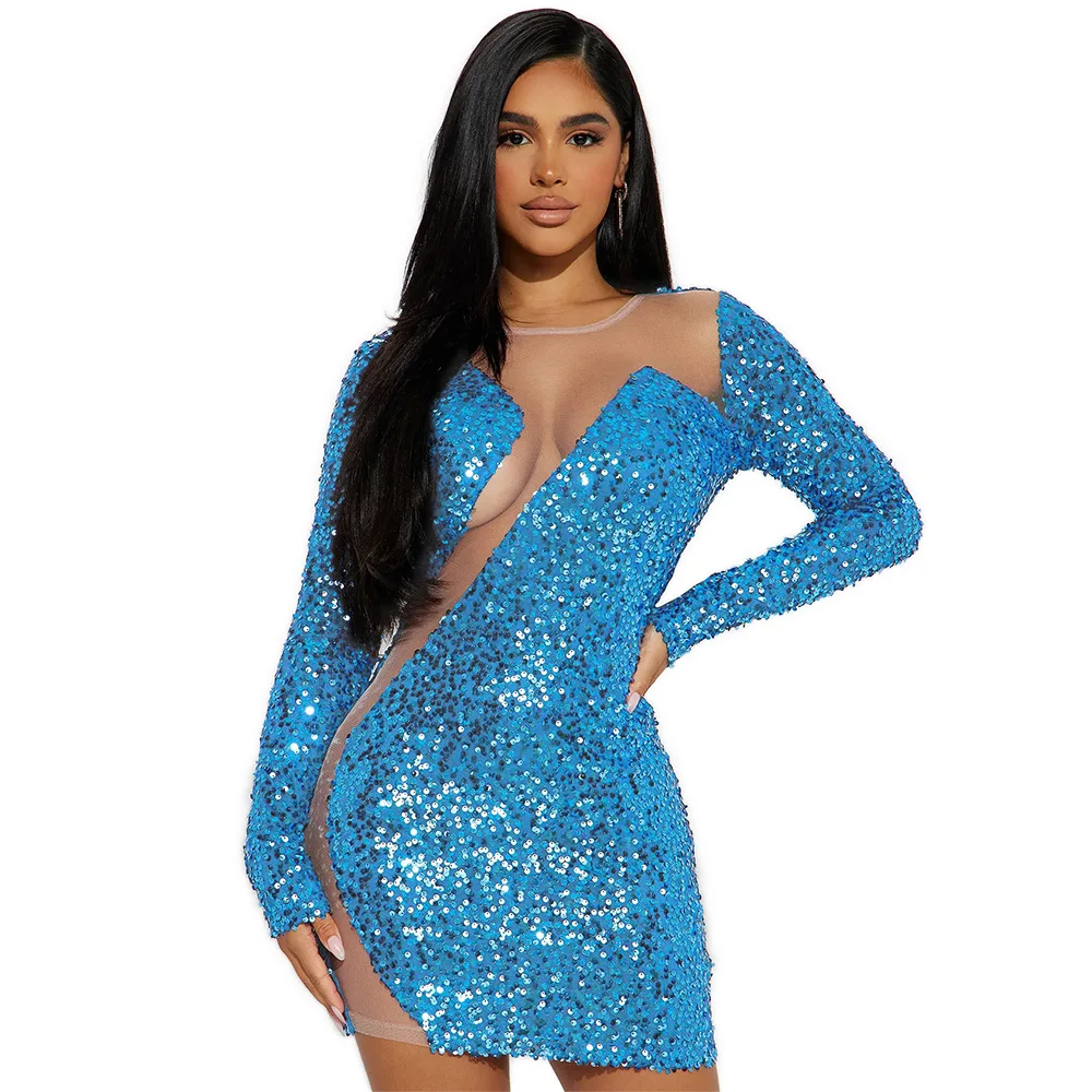 

All Season for Women Sexy Mini Dress Hot Drill Gauze O-neck Long Sleeve High Street Party Sytle CY900226