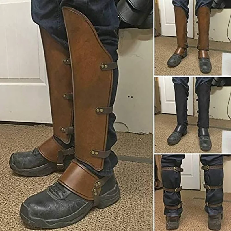 Medieval PU Leather Gaiters Knight Warrior Armor Boot Covers Spats Waterproof Leg Guards Ranaissance Cosplay Costume Accessories