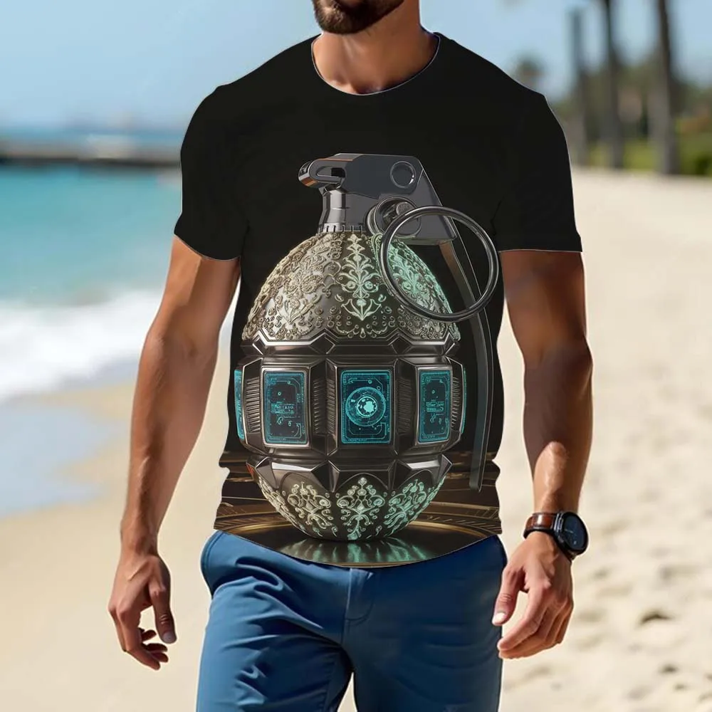 High Quality Men's T-shirt, Creative Grenade 3d Print, Street Fashion O Neck Short Sleeve, Polyester Tees, Summer Loose Menswear