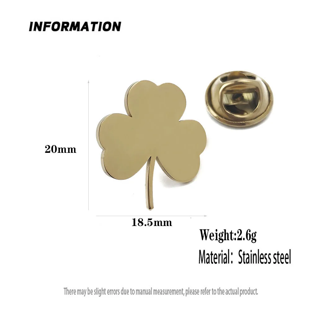Insignia chapada en oro de acero inoxidable de trébol estilo punk a la moda, pin para cuello de traje de hombre, traje con broche de plata, joyería de boda