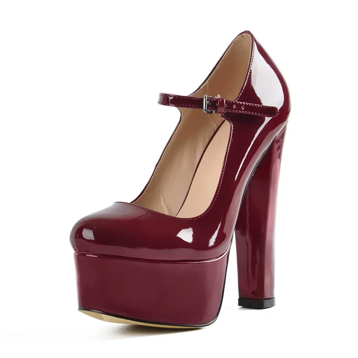Women Patent Round Toe Platform Block Heel Mary Jane Pumps Ankle Strap Shoes Multi-color
