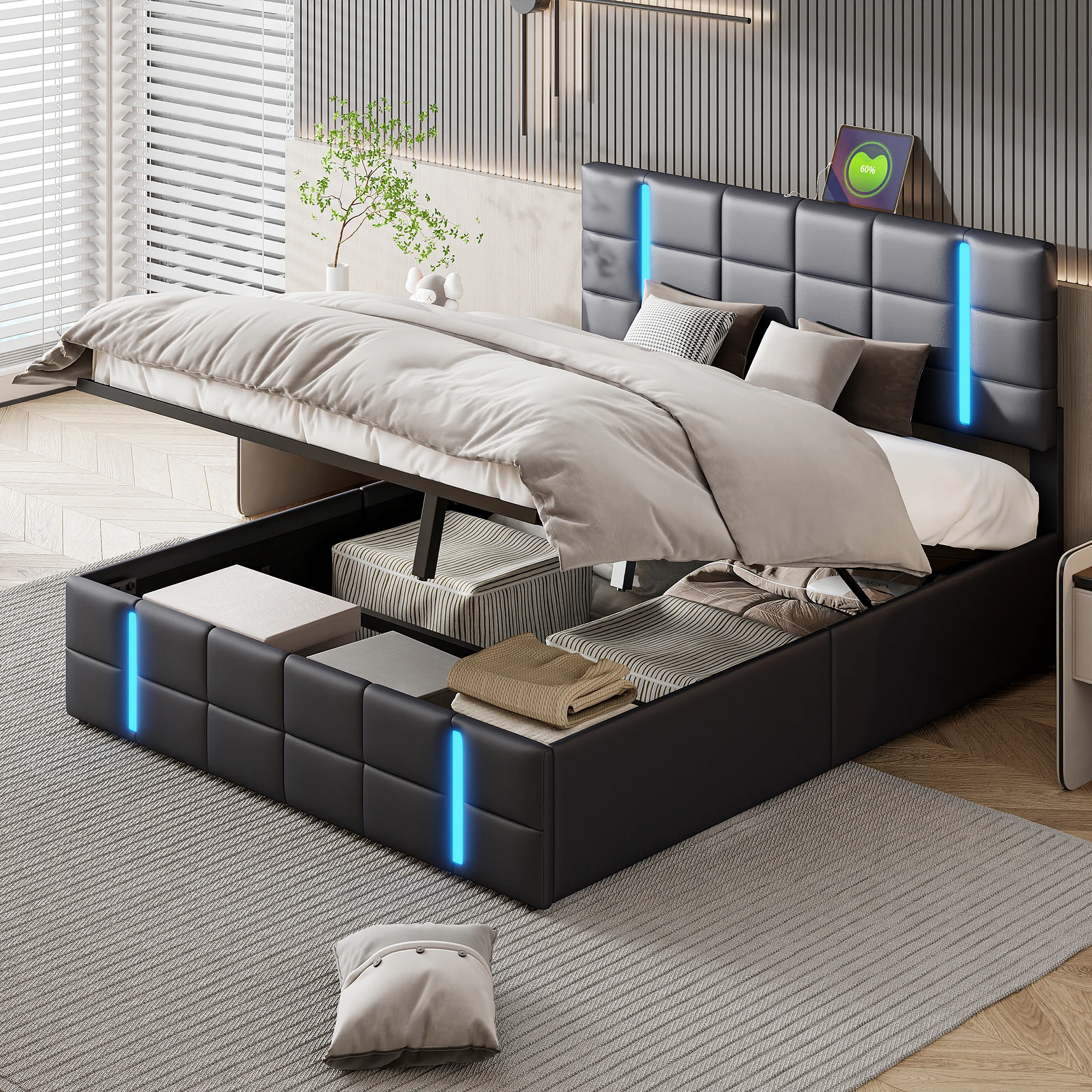 160x200cm Upholstered Double Bed, Youth Bed with Storage Space and Slatted Frame, with LED Lighting and USB Charging, PU, Black