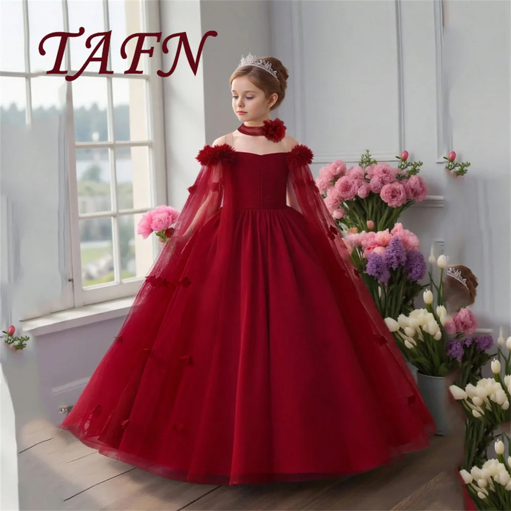 Tafn linha a vermelho estilo princesa longo multi-camadas vestido de cerimônia infantil vestido de baile de casamento terno de aniversário personalizado ﻿