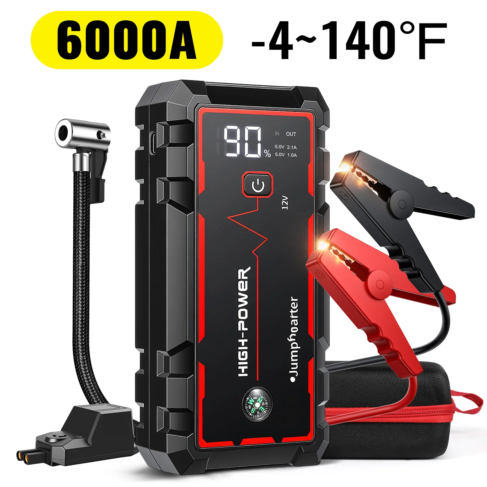 Démarreur de voiture 4-en-1 8000mAh avec compresseur d'air 150PSI, batterie externe portable, lampe torche LED d'urgence pour voitures, SUV et camions 12V, kit d'urgence routier