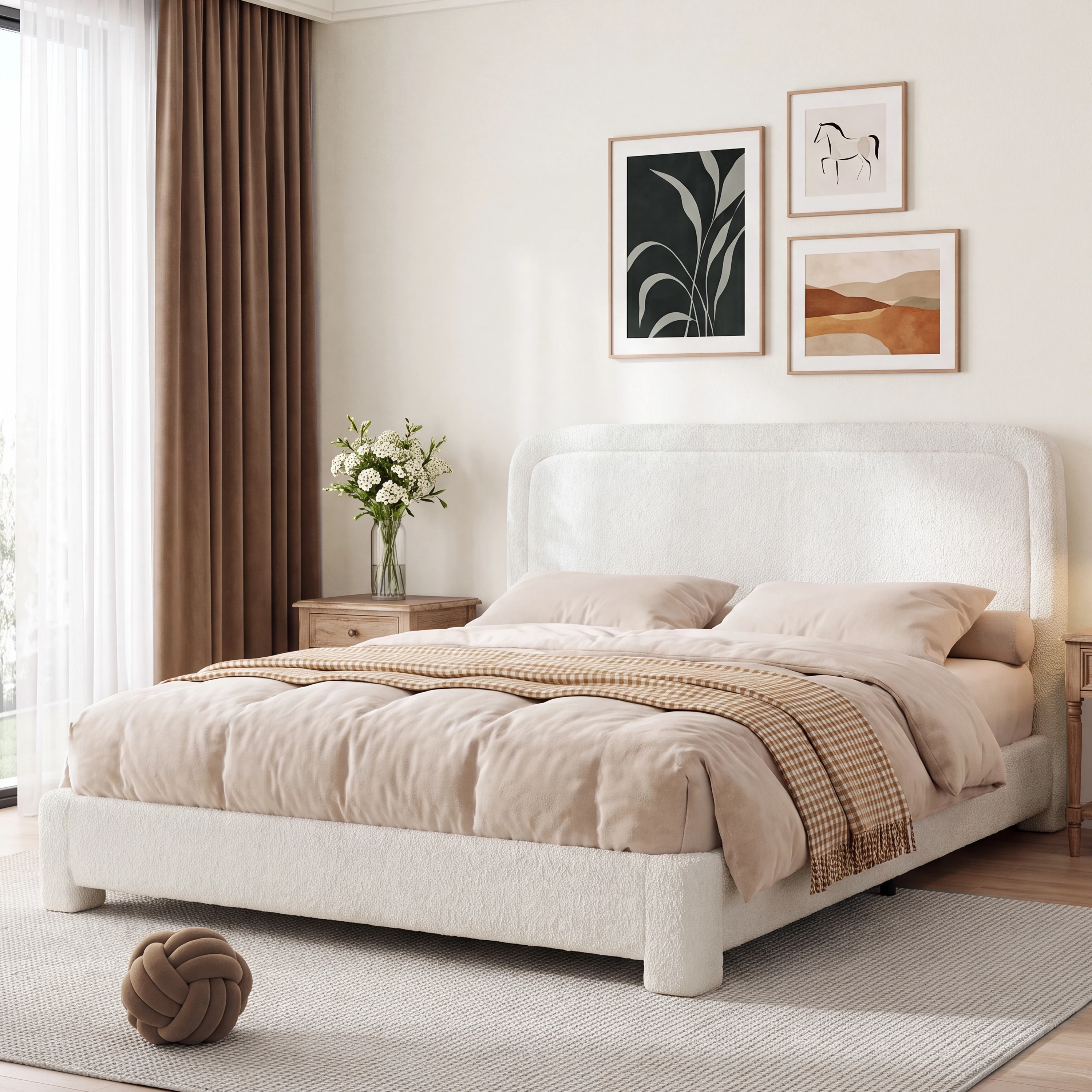 Teddy Fabric Upholstered Bed Frame with Adjustable Headboard, Curved Anti-Collision Platform Bed with Wood Slat Support, Noise-Free Bed Base for Bedroom
