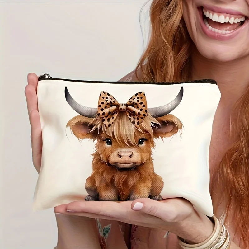 1Pc Cute Brave Cow Cow Retro Design Multifunctional Travel Makeup Bag, Snack Storage Bag, Stationery Storage Bag, Fashionable Toiletry Bag, Canvas Double-Sided Printed Zipper Pouch