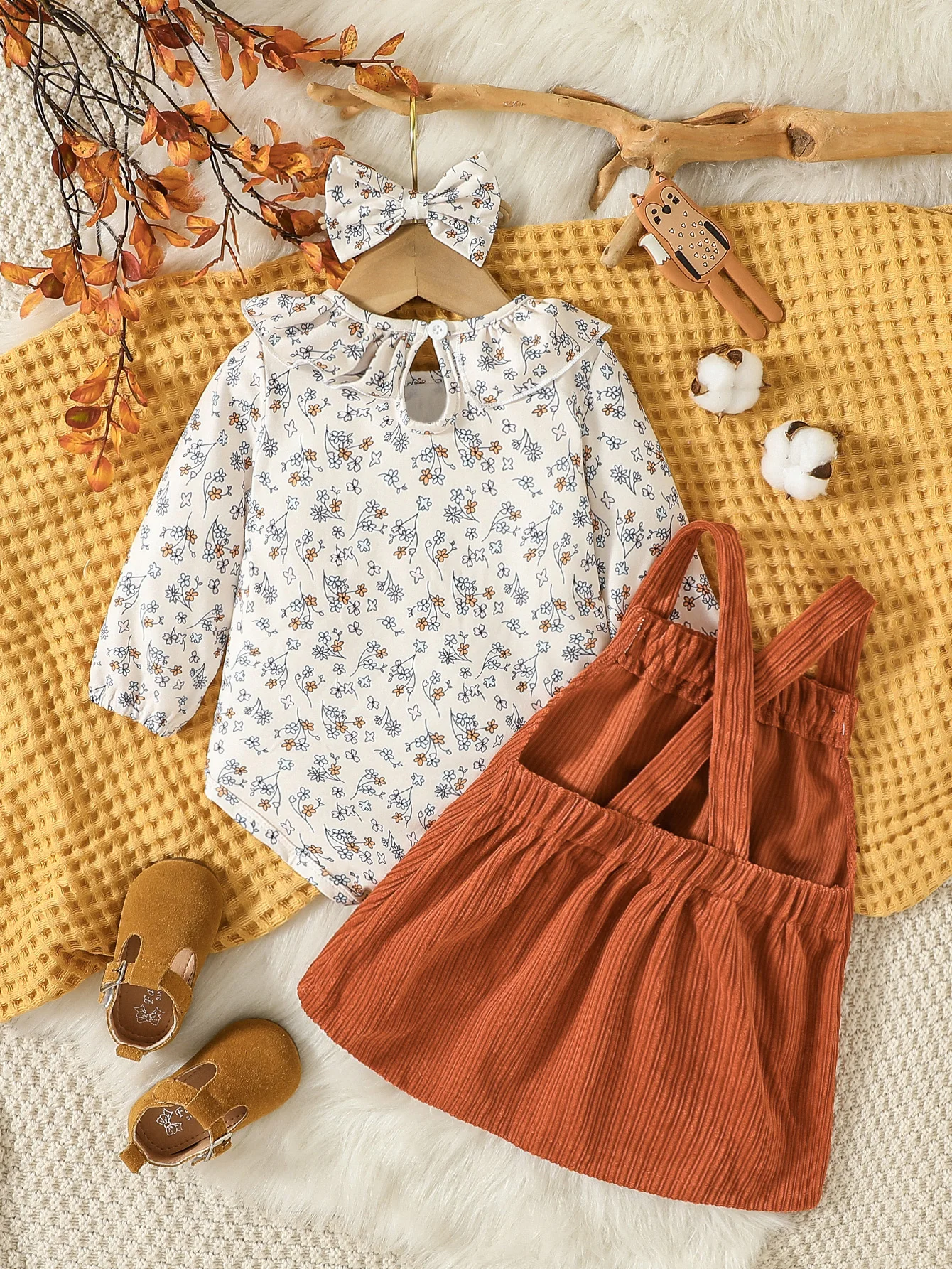 Infant Baby Girls Skirt Set ,  Autumn Long Sleeve Floral Printed Two-piece +Bow hair accessories