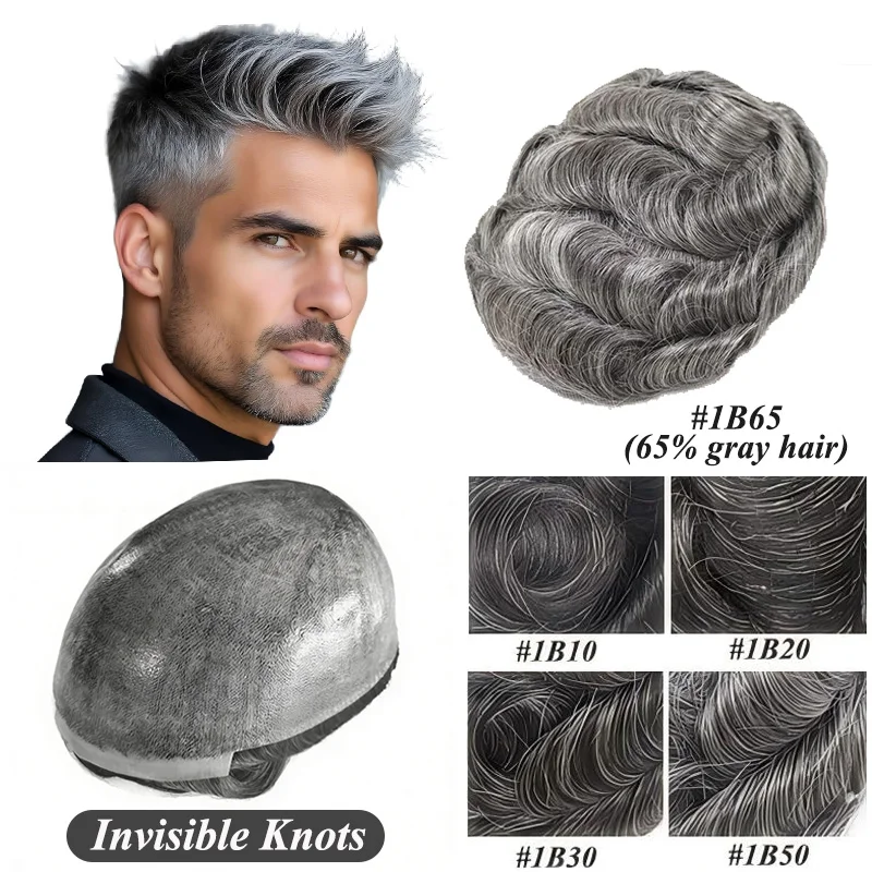 Gray Hair Men‘s Toupee Human Hair Hairpiece Injection Thin Skin Hair Replacement System Full PU Capillary Prosthesis Hair System