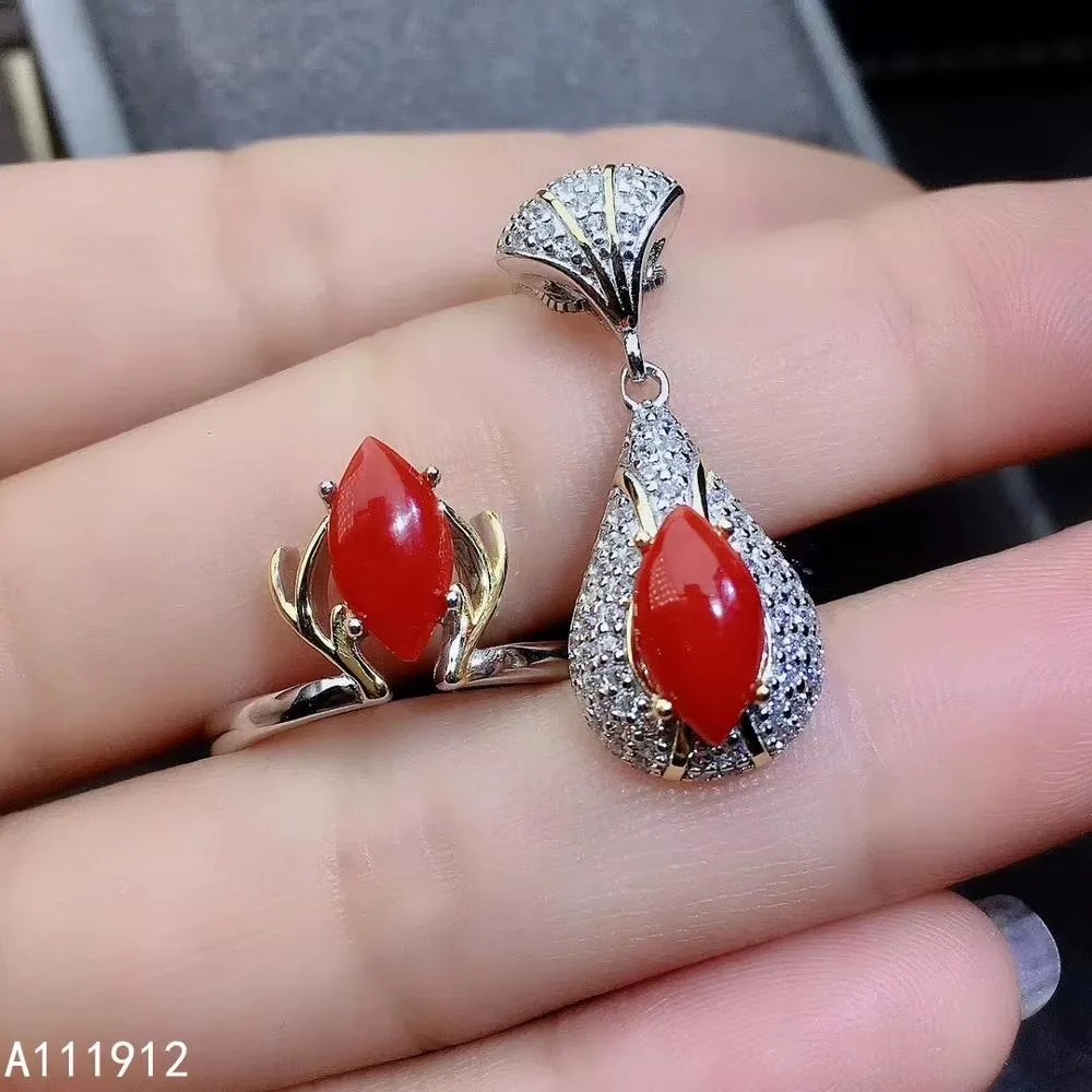 Girls' Natural Red Coral Gemstone Necklace Pendant Ring Set 925 Pure Silver Plated Platinum 5x10mm Rugby Style Gift for Girlfrie