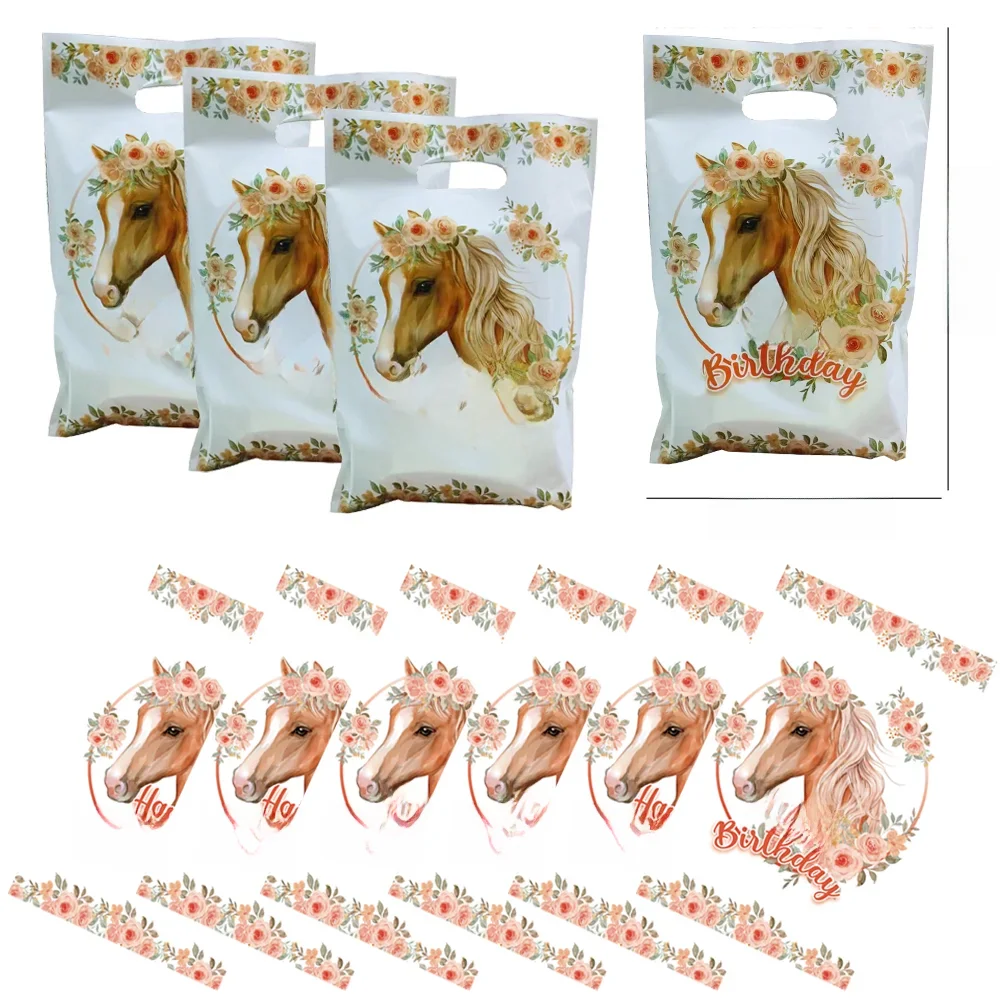 Dessin animé bébé douche fête faveur sacs cadeaux animaux ferme cheval bonbons sac poignée sacs cadeaux cheval thème fête d'anniversaire décoration