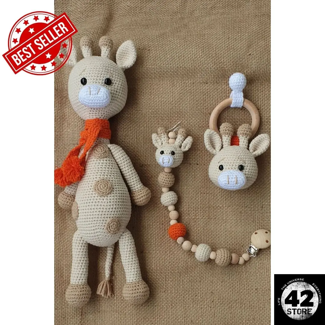 Amigurumi Newborn Personalizable Name Written Gift Sleeping Companion Organic Giraffe, Rattle, Pacifier Chain Set