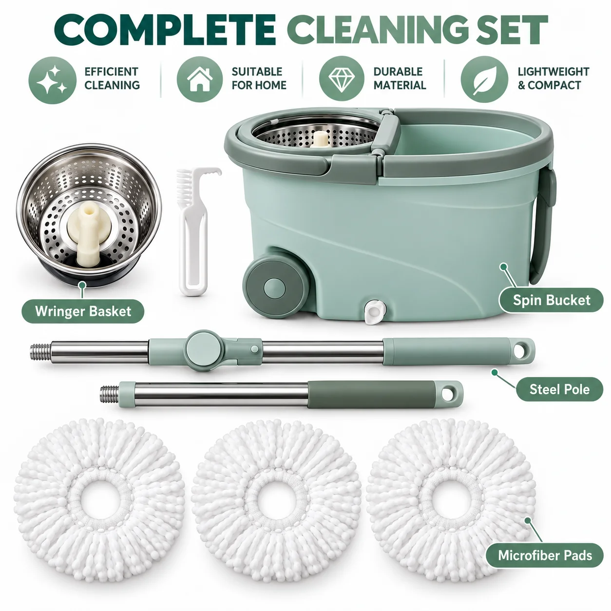360 ° 回転式モップとバケツのセット。調整可能なステ - Home Kitchen Bathroom Cleaning のレビューと価格