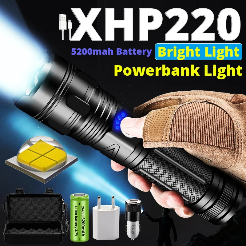 5000000LM Powerful LED Flashlight Emergency Powerbank Light 5200MAH Battery Lamp 5 Modes Lighting Waterproof Zoomable for Riding