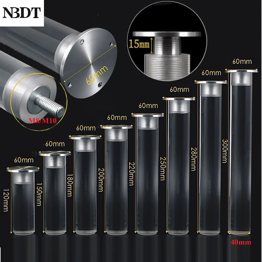 Solid Barrel Clear Acrylic Furniture Leg With Aluminum Plate M8 M10 Threaded Stem