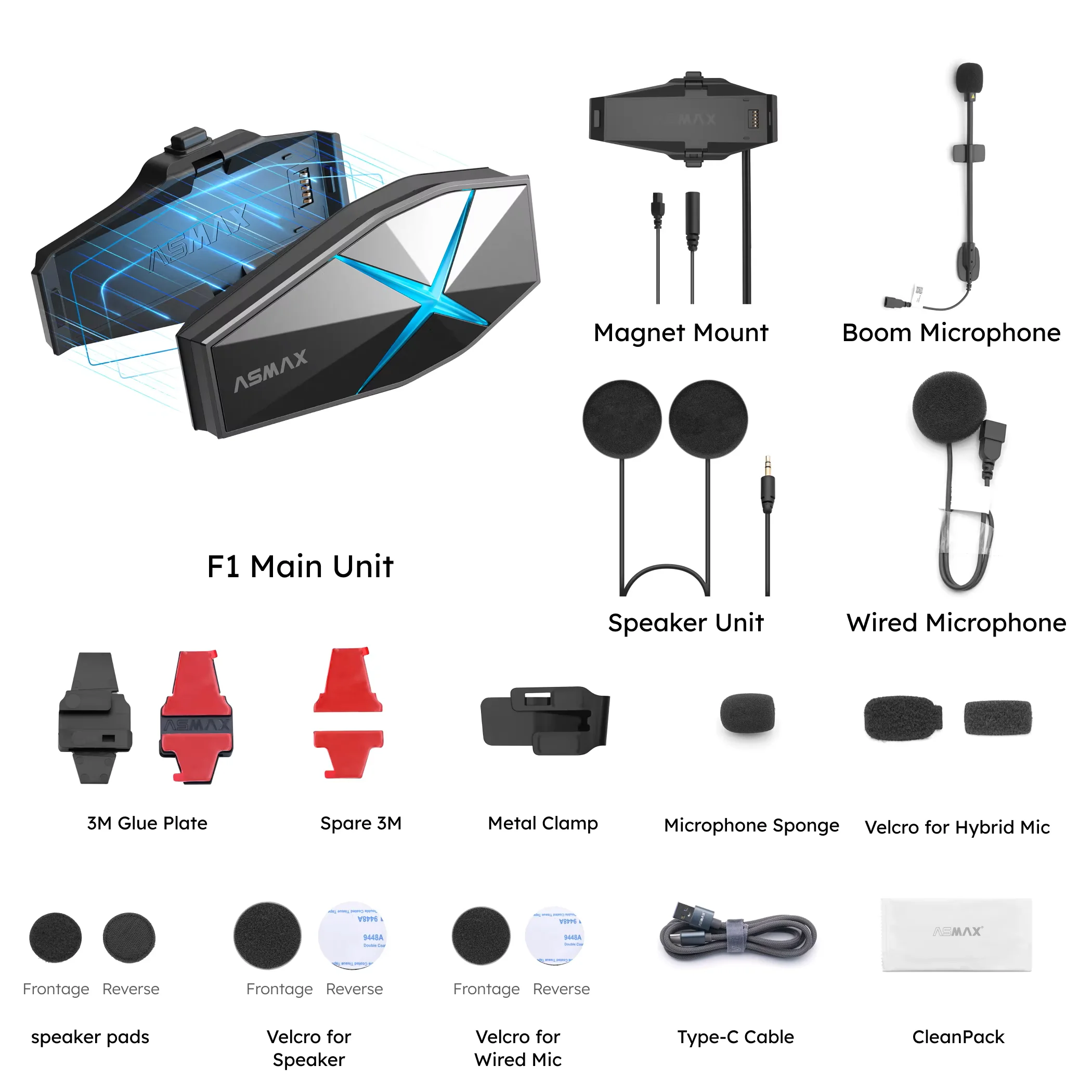 ASMAX F1 Motorcycle Intercom with AI Voice, HD 40mm Speakers, IP67