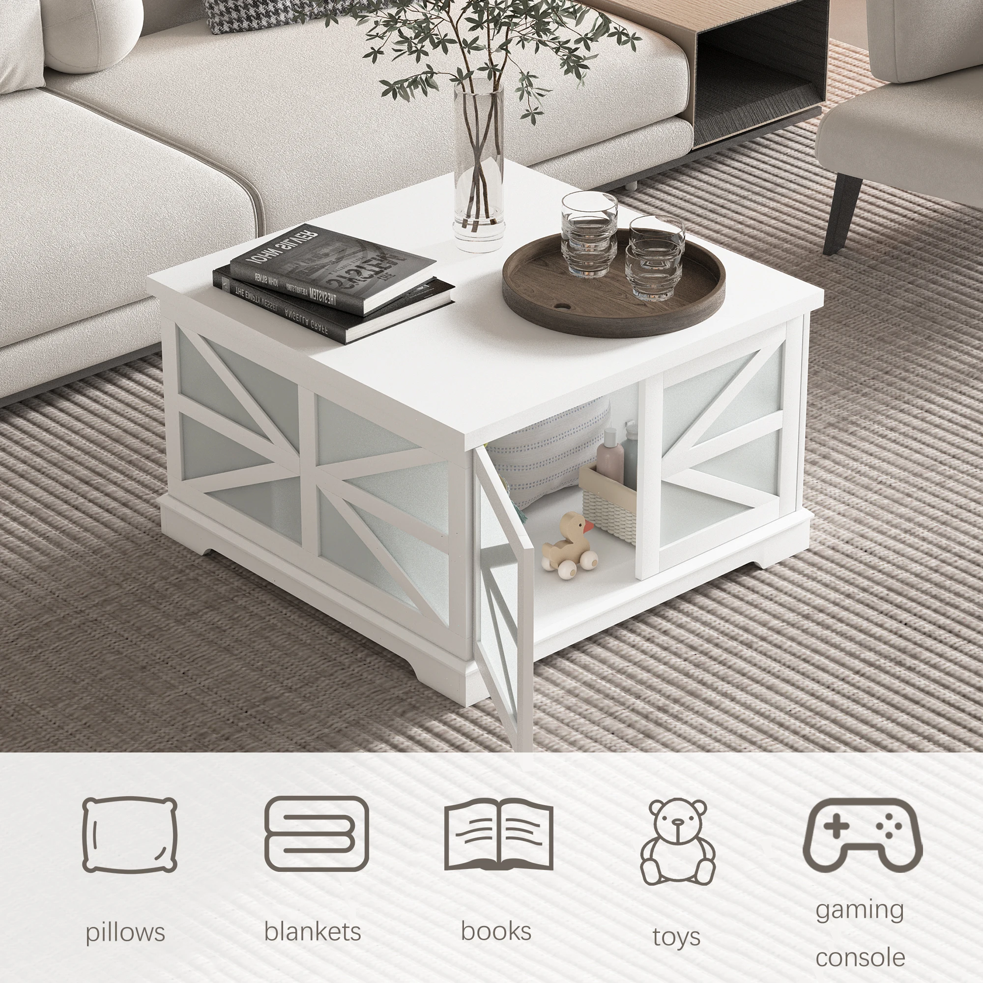 Farmhouse Square Coffee Table com luzes LED, Modern Coffee Desk para sala de estar