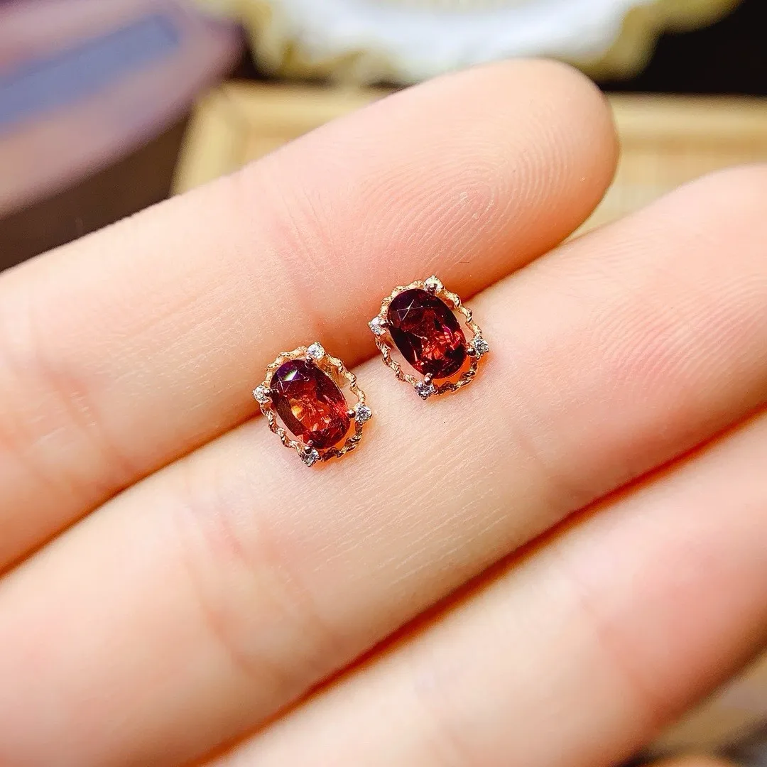 Fine Jewelry 925 Sterling silver set with natural red garnet gemstone 4x6mm girls electroplated rose gold earrings to send girl
