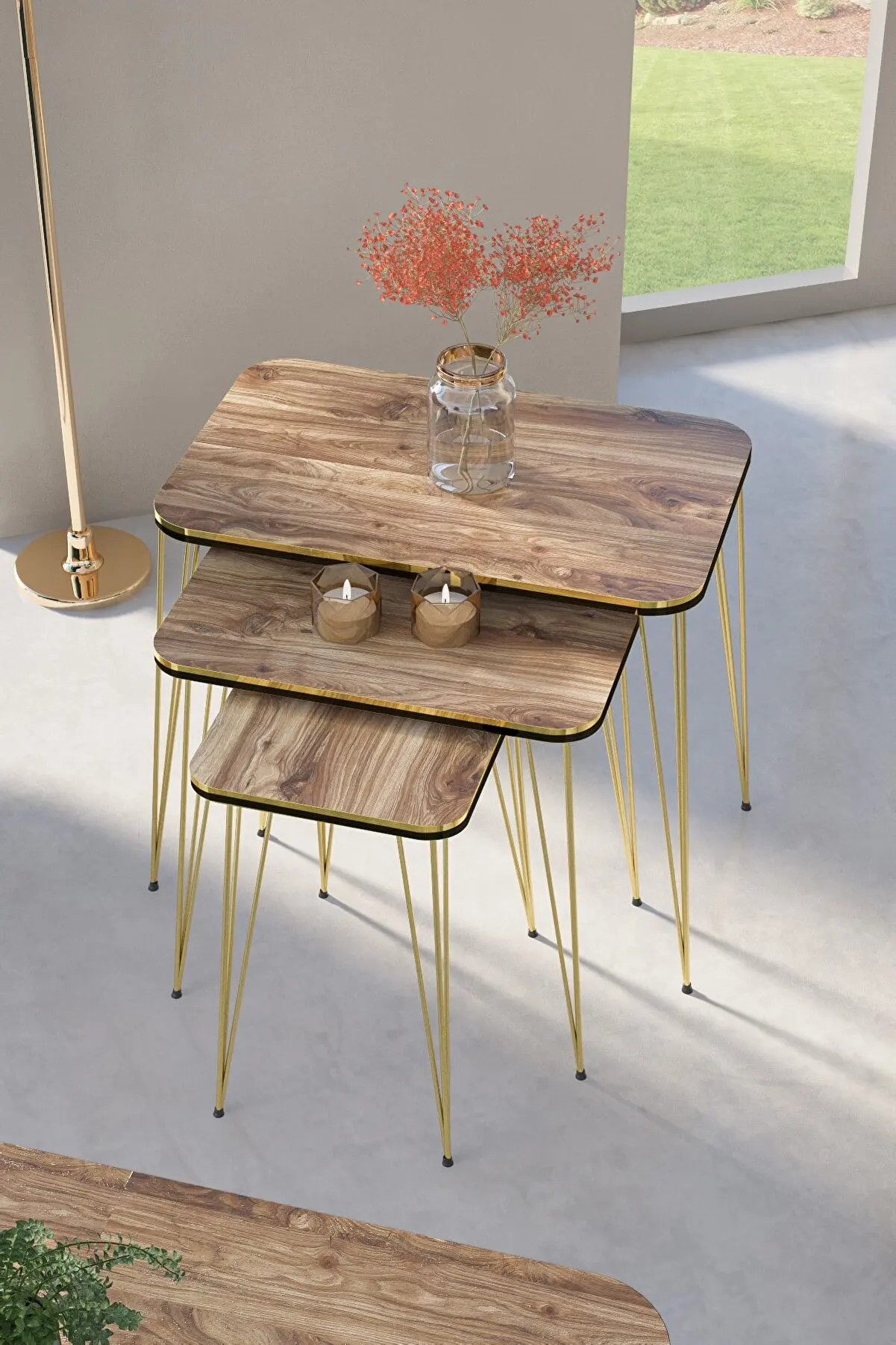 Modern Nelling Table And Center Table Rectangle Set Of 4PCs Nordic Silver Metal Wire Leg De-Assembled Tea Coffee Serving Table L