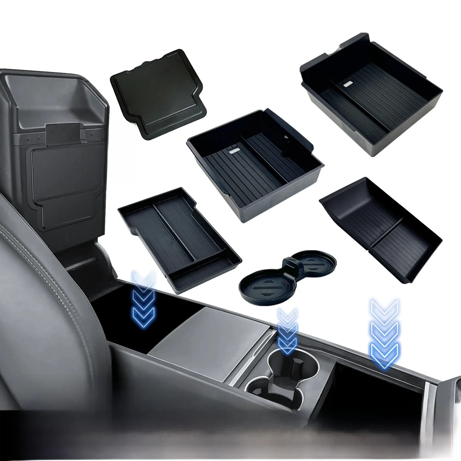 Pour Tesla nouveau modèle Y 2025 lancement jépine ABS avec tapis antidérapant en Silicone Console et accoudoir boîte de rangement tasse d'eau supérieure et inférieure