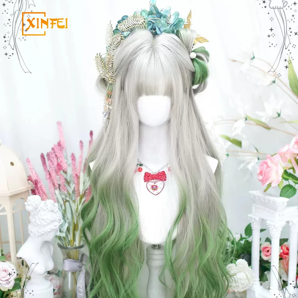 32INCH Long Wavy Ombre Moonlight Gray Dyed Lemon Synthetic Cosplay Lolita Harajuku Wig With Bangs Wavy Anime Wigs For Women