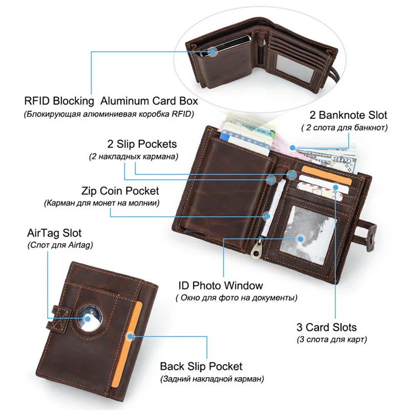 Vintage Luxury Genuine Leather Airtags Wallet Men Women Purse With RFID Blocking Box Anti-lost ID Credit Card Bag