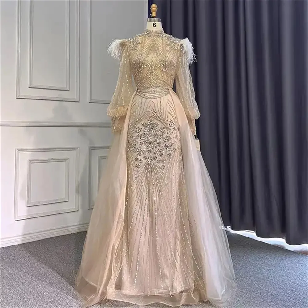 Robe de soirée perlée argentée à manches longues pour femmes musulmanes, robe de sirène pour occasions formelles, tenue d'anniversaire, robes de soirée de luxe