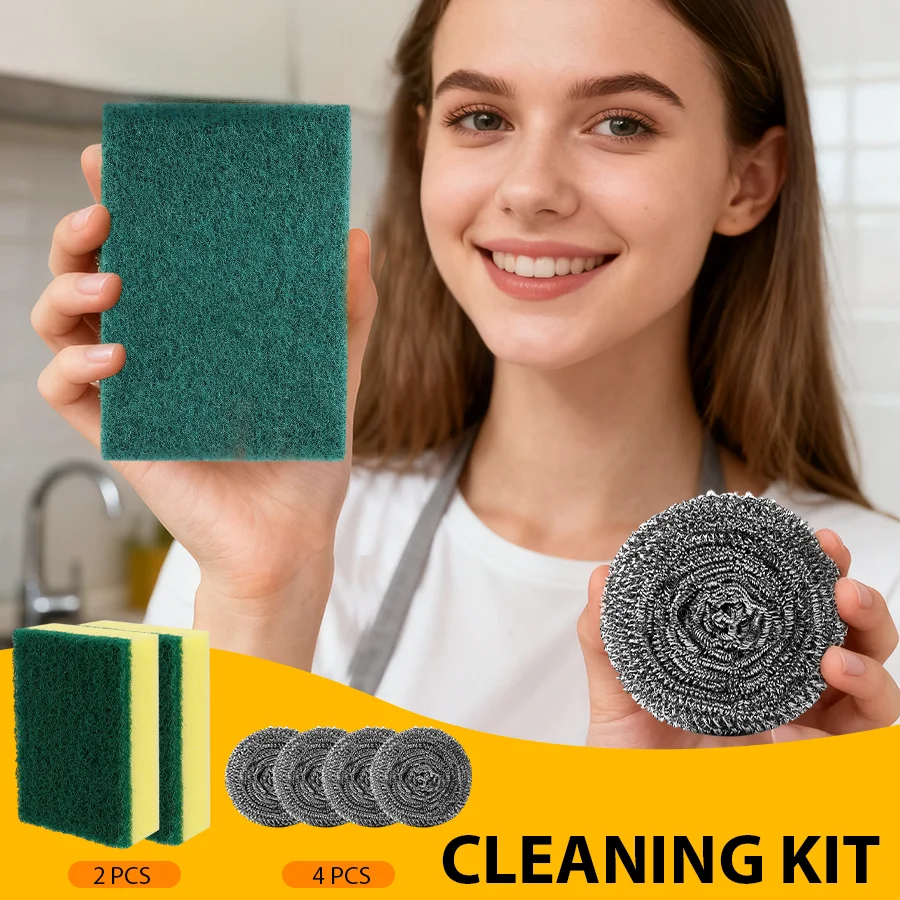 

Набор для чистки кухни из 6 шт. (2 губки + 4 шт. стальных шерстяных подушечки), легко снимается схав, идеально подходит для кухонных раковин