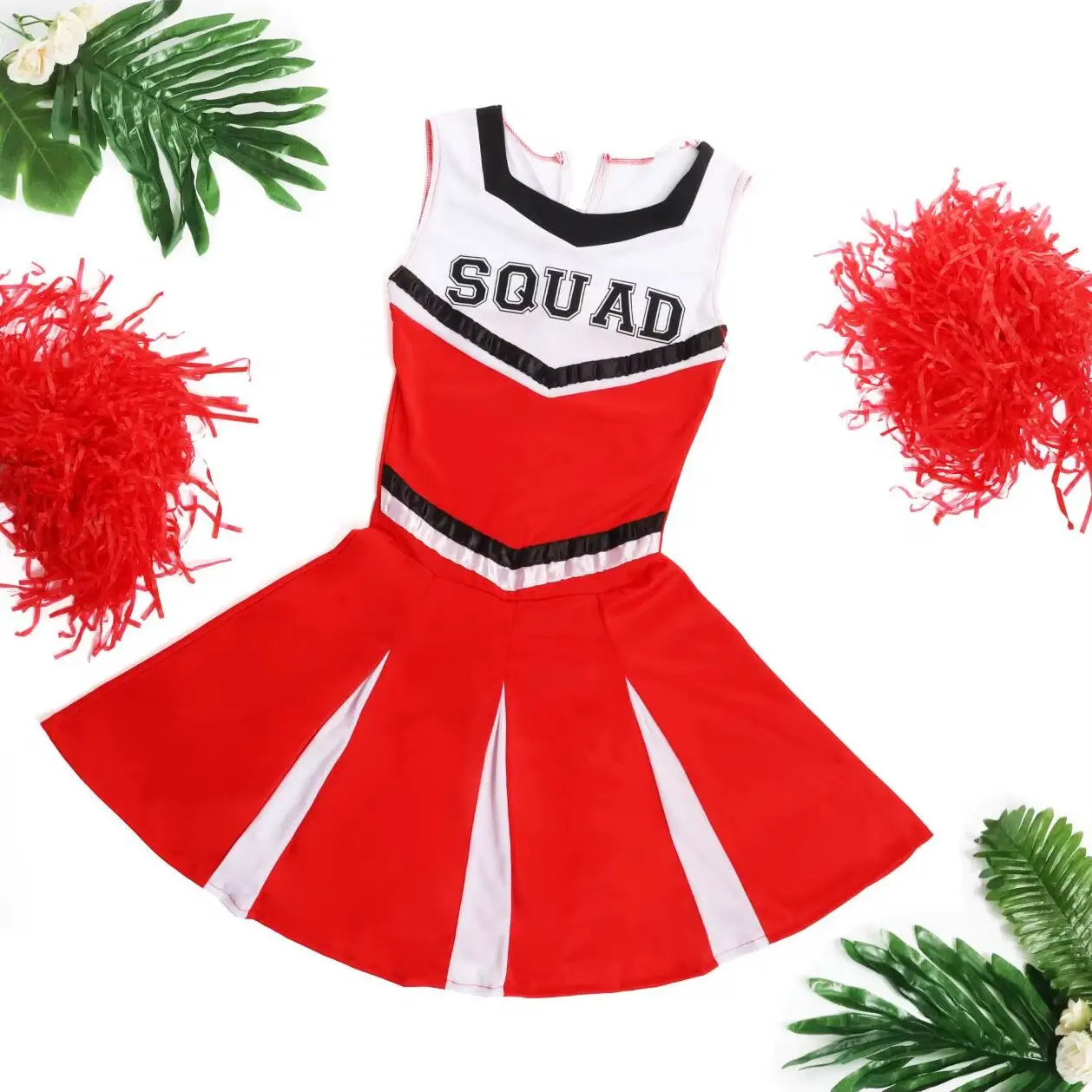 Ladies Cheerleader Fancy Dress Costume -Red Varsity Uniform with Pleated Skirt - Womens High School Dress Up Cheer