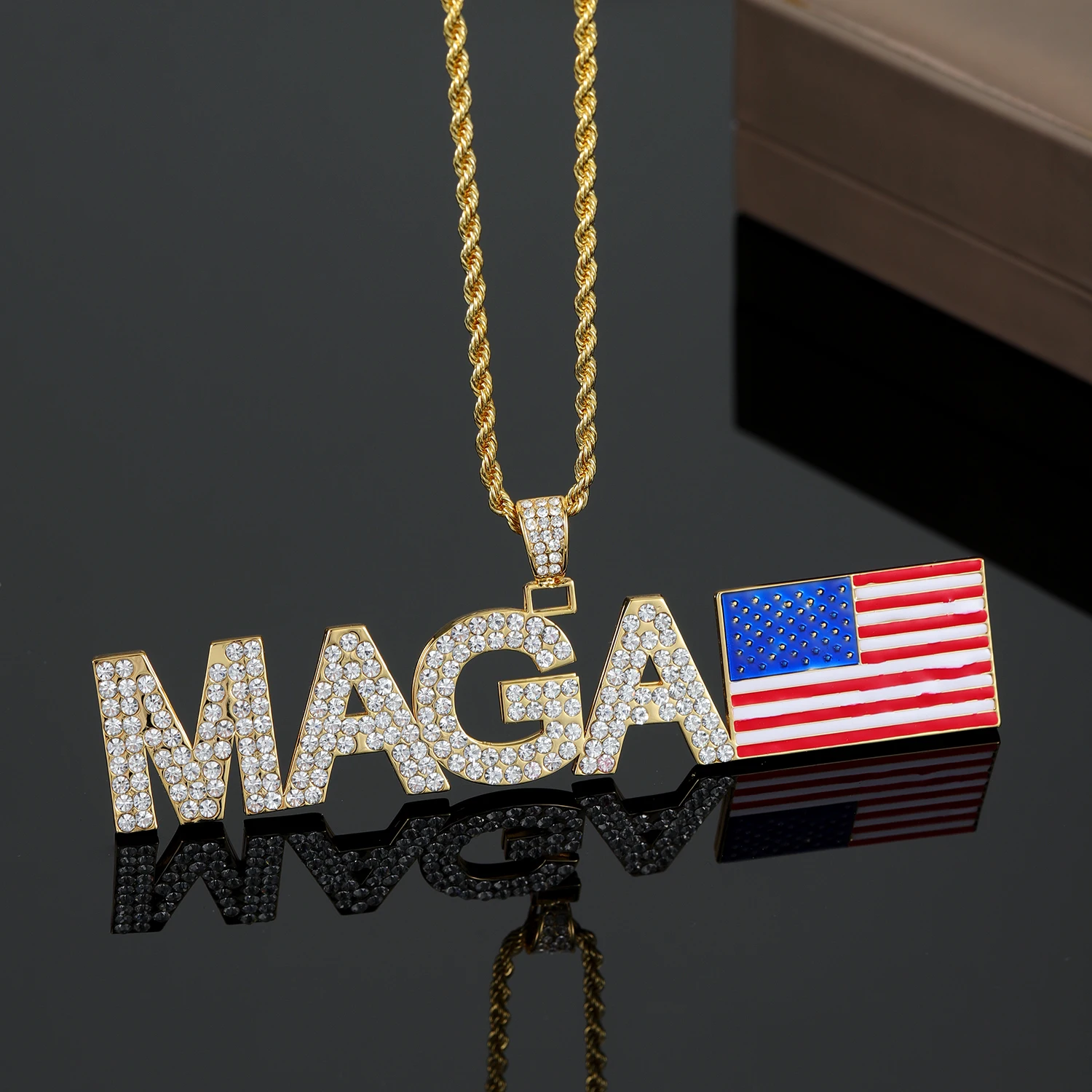 Custom Men's American Flag Necklace Stainless Steel Iced Name Pendant Personalized Enamel Flag Necklace Patriotic Style Jewelry