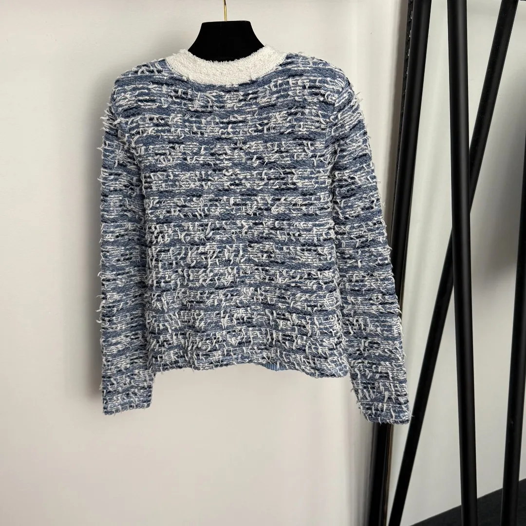 

High quality spring and summer women's four pocket single breasted round neck long sleeved tweed knitted cardigan jacket HL057