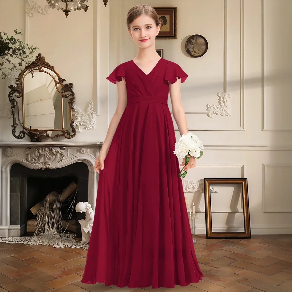 

Elegant Junior Bridesmaid Dress V Neck Chiffon A Line Floor Length Bow Cascading Ruffles Flower Girl Dress Formal Wedding Party