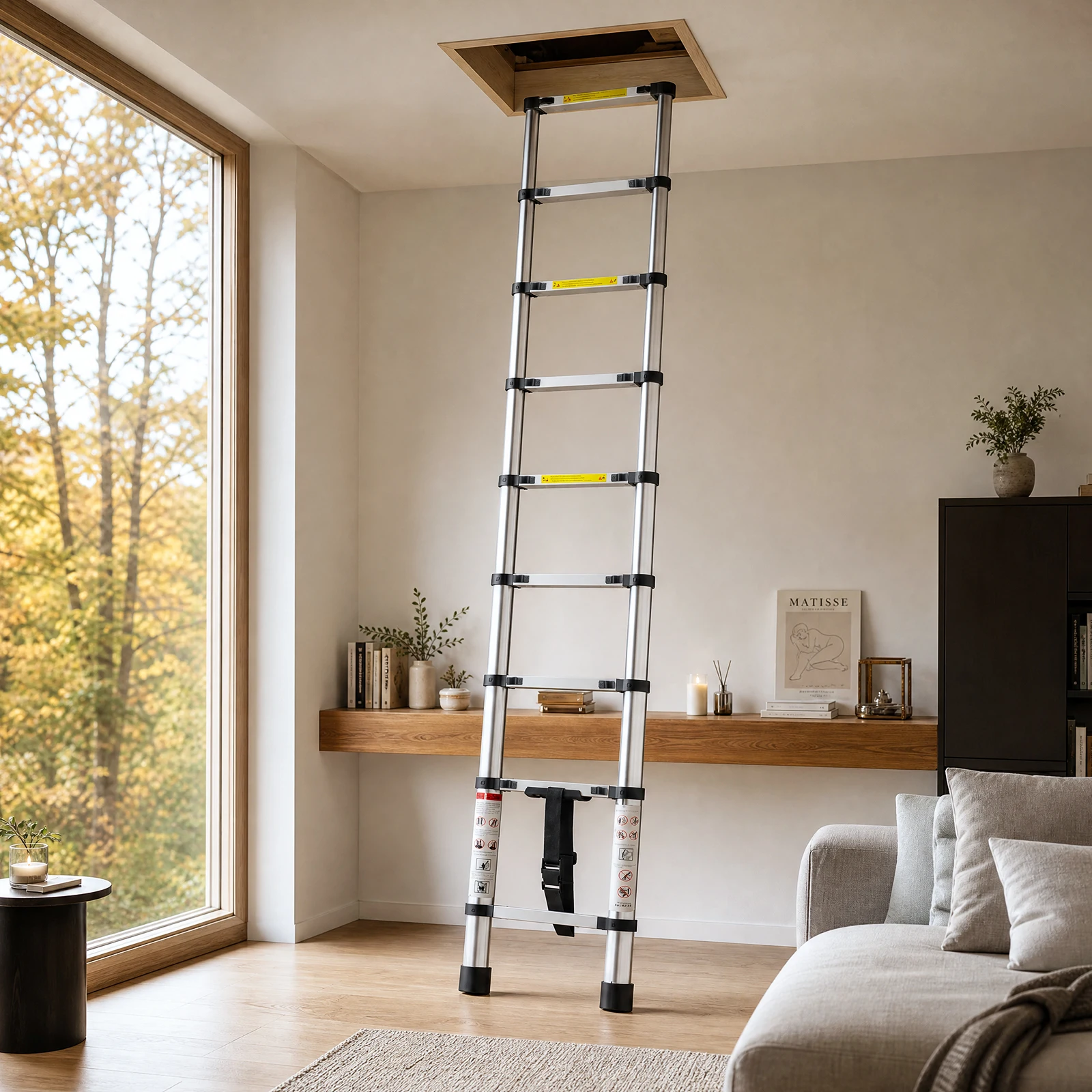 Langlebige, verstärkte Edelstahl-Teleskopleiter 2,6–4,4 m, mehrere Größen, robuste Sicherheitsleiter, platzsparendes Design, einfache Lagerung für Garage, Zuhause und Außenprojekte.