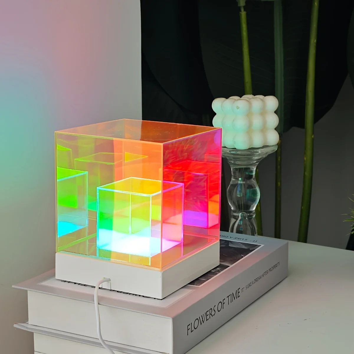 USB Powered RGB LED Modern Geometric Infinity Cube Table Lamp by Lighting Dimmable Push Button Uplight With Space Theme For Home