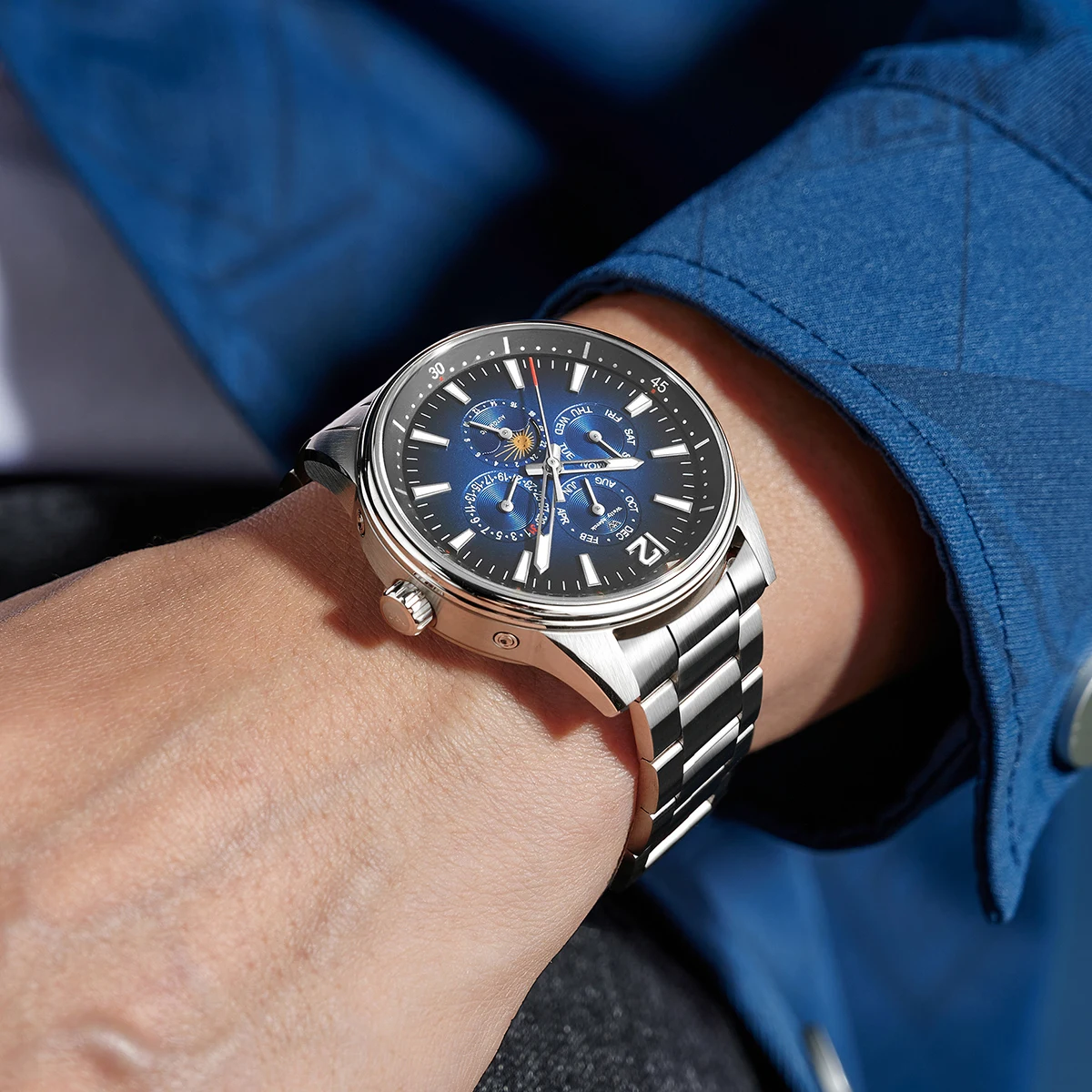 WM 시계 자동 기계식 시계 비즈니스 히든 크라운 다기능 남성용 사파이어 방수 웰리 메르크 남성 시계 160M-WM