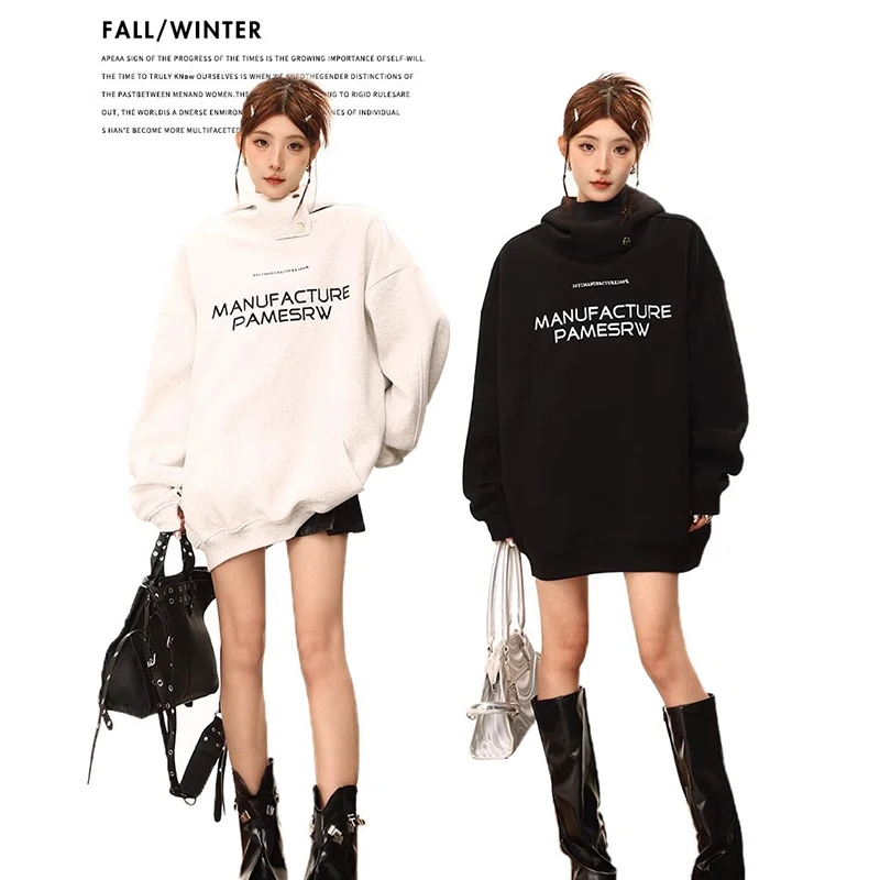 

American Autumn and Winter Women Loose Personality Letter Printing Hooded Sweater Couple Hip Hop Casual Coat Top y2k