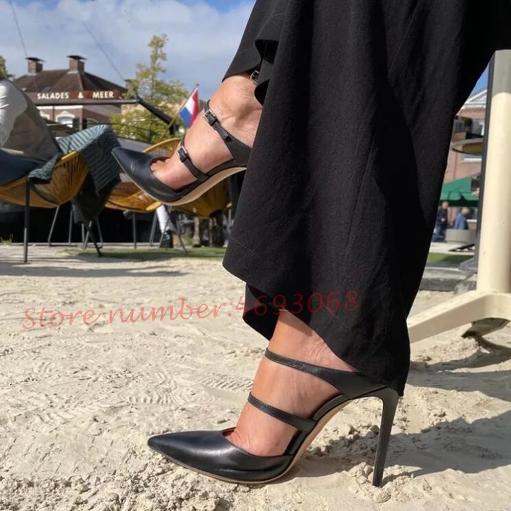 Sandales noires pointues à fines lanières pour femmes, chaussures d'été à bande étroite pour femmes, talons aiguilles hauts décontractés à la mode