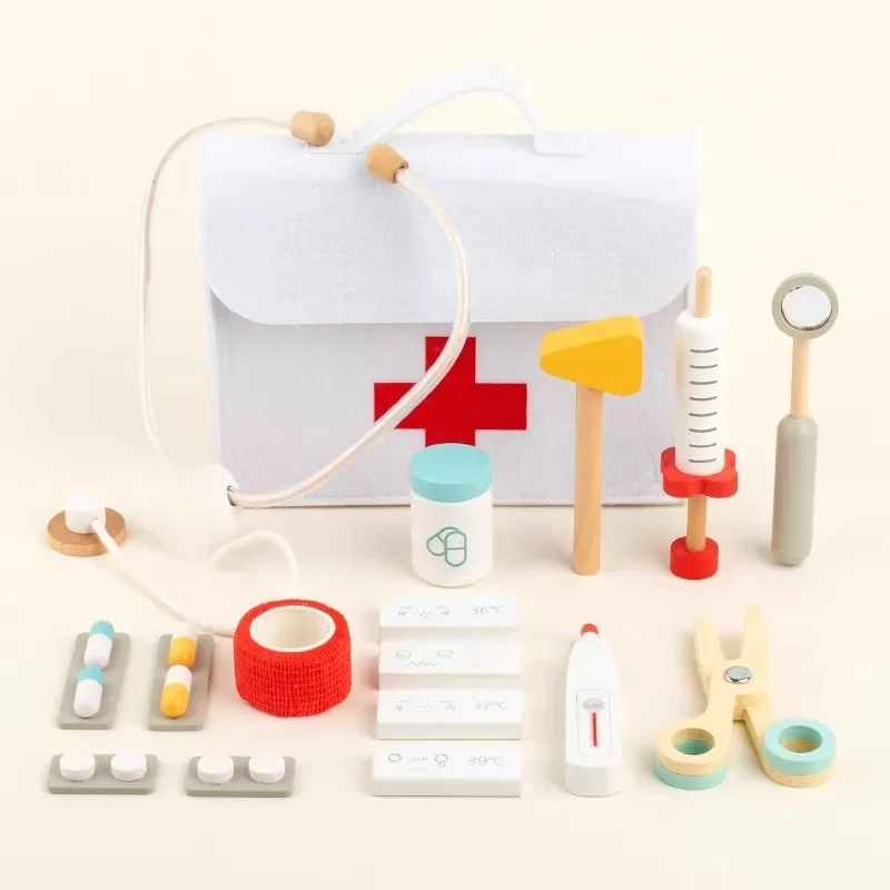 Kit de médecin en bois pour enfants, ensemble de jeu pour les tout-petits avec sac médical pour garçons et filles, jeu de rôle amusant