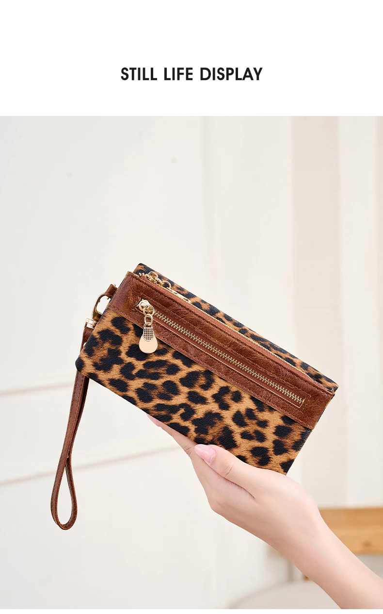 Vintage Damen-Geldbörse mit Leopardenmuster, Doppelreißverschluss, PU-Leder, lange Geldbörse, multifunktionale Kreditkarten-Clutch mit Handgelenkschlaufe – Detail 9