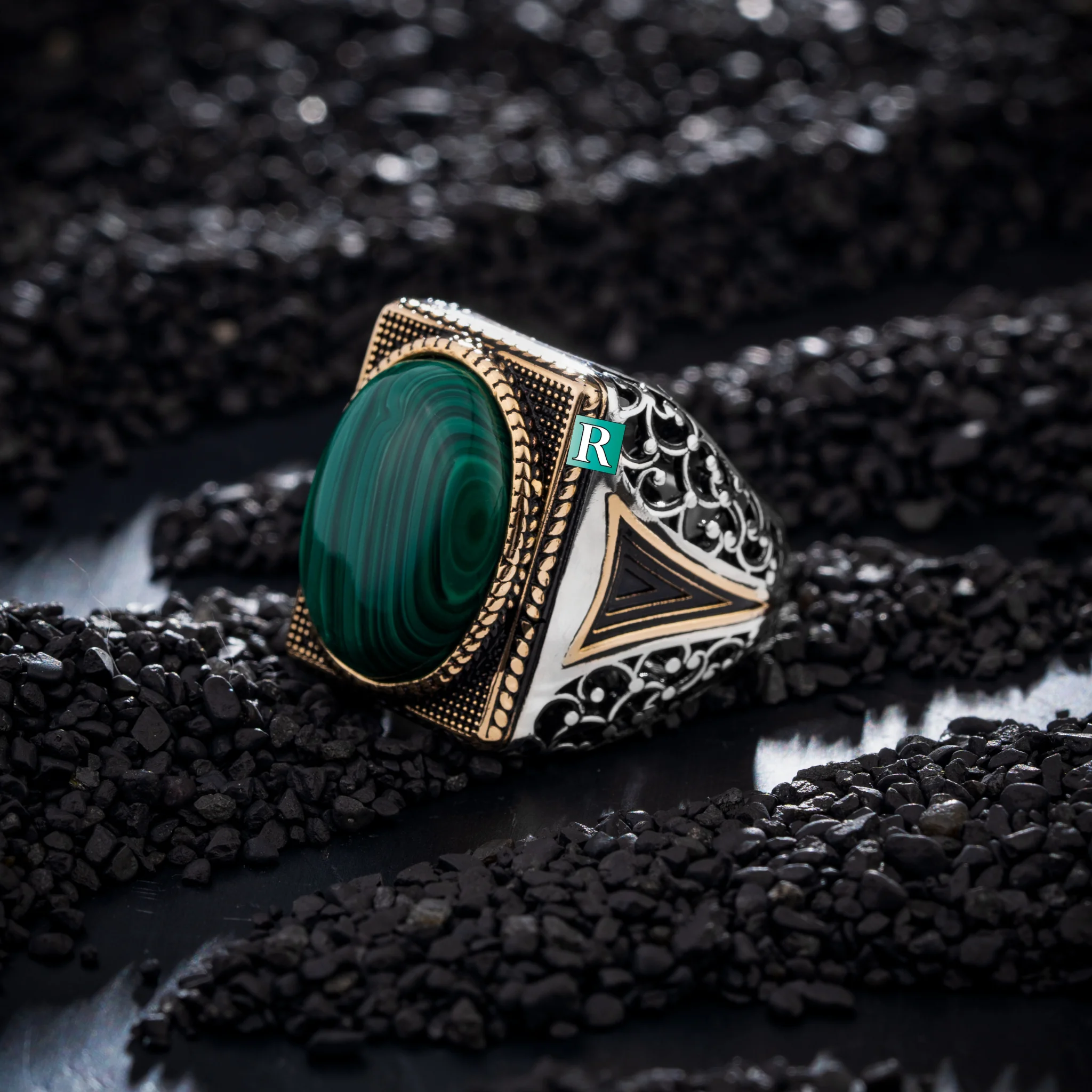 Original 925 sterling silver ring oval sapphire shite shall green malachite natural stone high quality gifts for men jewelry